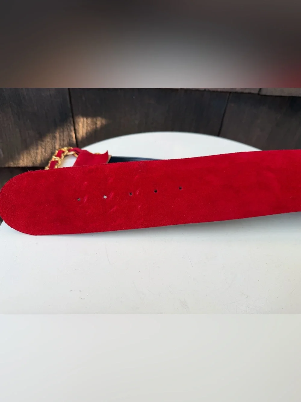 Vintage red suede belt gold braid buckle Sz M The Limited fit 27/31”